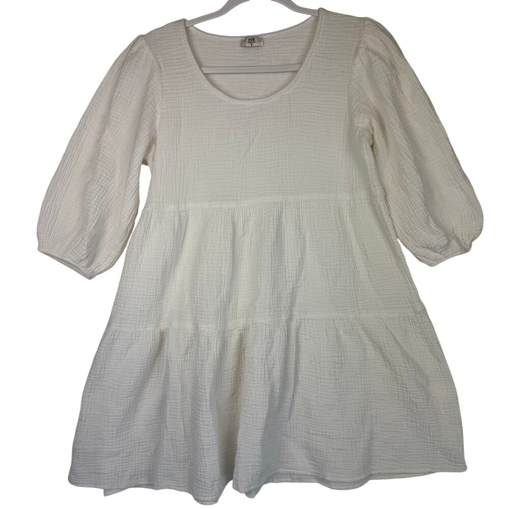 NLT Babydoll Tiered Puff Sleeve Mini Dress Women Size S White Cotton Gauze